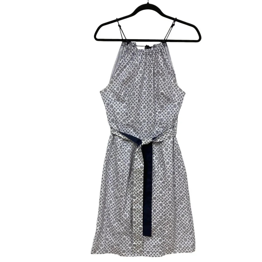 Elizabeth McKay Patterned Dress, Size 6, Navy & White, Fitted, Sash‎ Belt, Midi